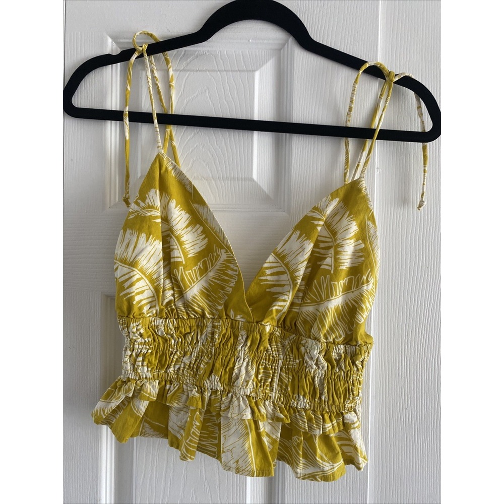 Sim & Sam Chartreuse Leaf Smocked Peplum Cami Womens Size S Tropical Boho Cotton